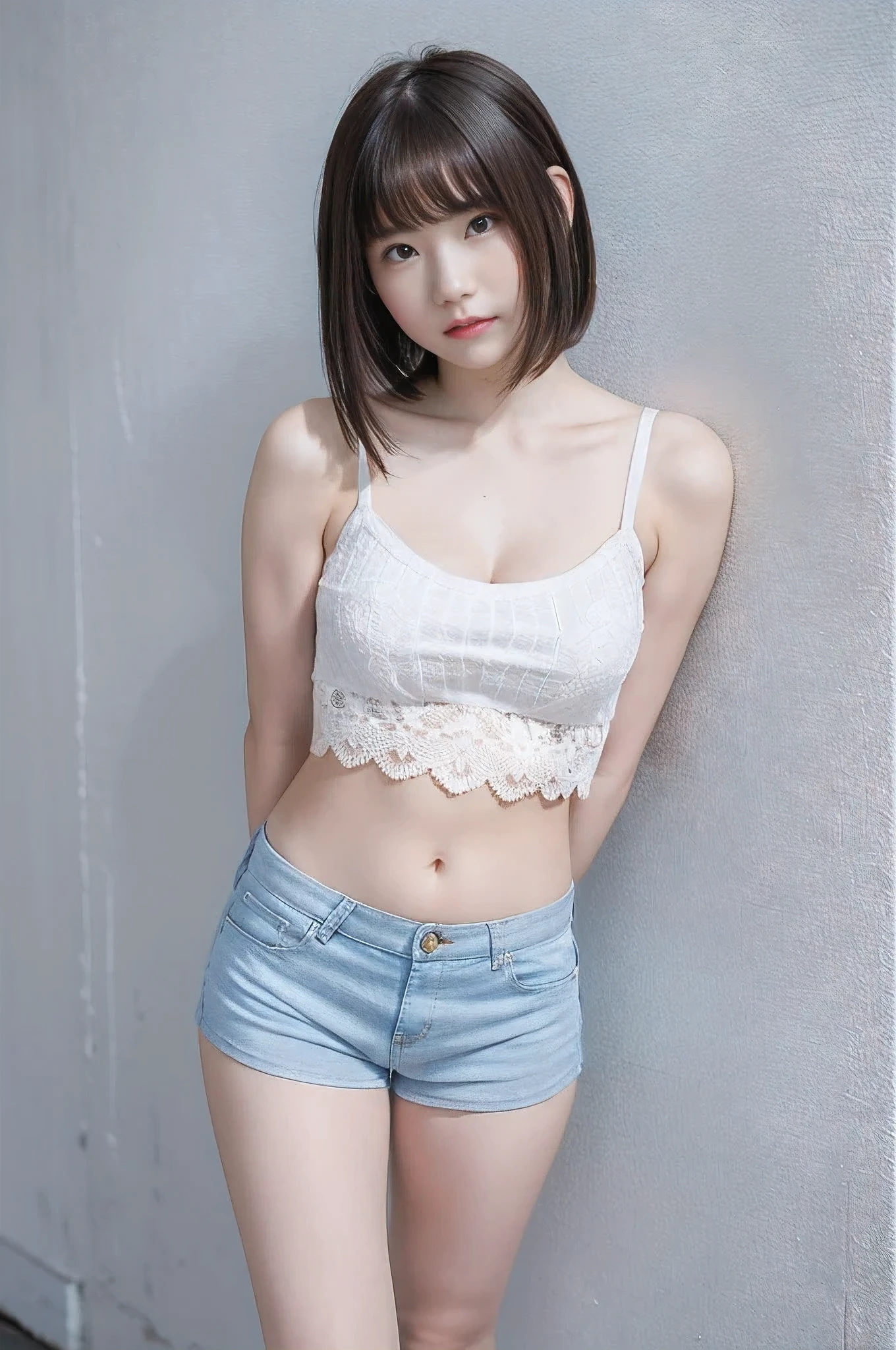 Highest quality、Ultra-high resolution、masterpiece、、Clear photos、(very cute日本の女の子)、smile、(whole body)、(very cute!)、slender、Very short hair、(Low-rise denim shorts:1.6、Unbutton、Pull-down denim shorts)、(White panties are visible)、 White tank top、Vivid depiction