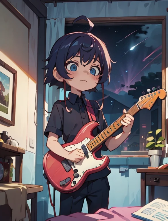 Masterpiece,Best Quality,Guitar Boy,Cozy room,night sky