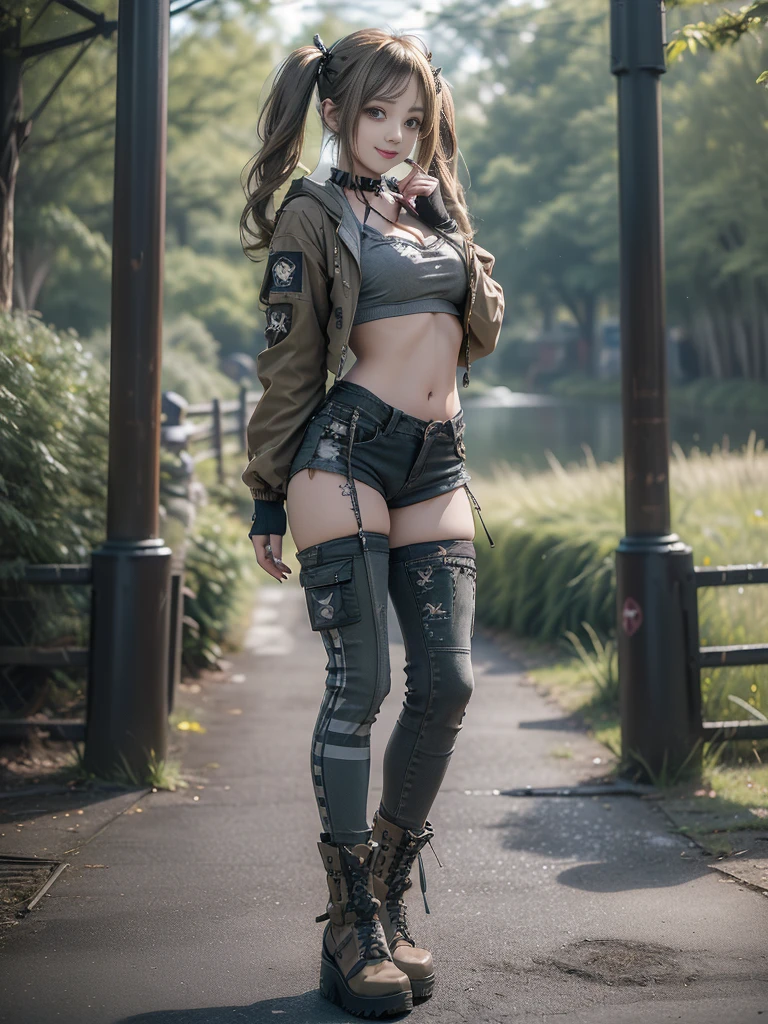 (Hostess:1.3)、(Smiling with teeth showing:1.3),(Shibuya Gal:1.5)、(y2k woman:1.4)、(Lolita Fashion:1.5)、(Punk RockVisual Kei:1.4)、(A modern short jacket in dark grey and moss green.:1.5)、(Tattered brown and charcoal denim low rise cargo pants:1.5)、(Mustard Yellow Headband:1.3)、(Charcoal and khaki striped knee socks:1.4)、collar、(Brown platform long boots)、(Clothing with logo pattern:1.4)、20-year-old、Browsing Caution,((Highest quality、In 8K、masterpiece:1.3))、Sharp focus:1.2、(Layered Cut、Huge breasts:1.1),Beautiful woman with perfect figure:1.4、(Doing an aerobics pose:1.3)、Slim Abs:1.2、Butt、Highly detailed face and skin texture、Fine grain、double eyelid,(Twin tails:1.3)、(Brownish golden hair:1.3)、Obscene、Idol Sculpture、(The landscape is a beautiful temple of water and forest:1.3)、(Slimming your legs:1.4)、(The body is slim:1.3)、(clavicle:1.1)