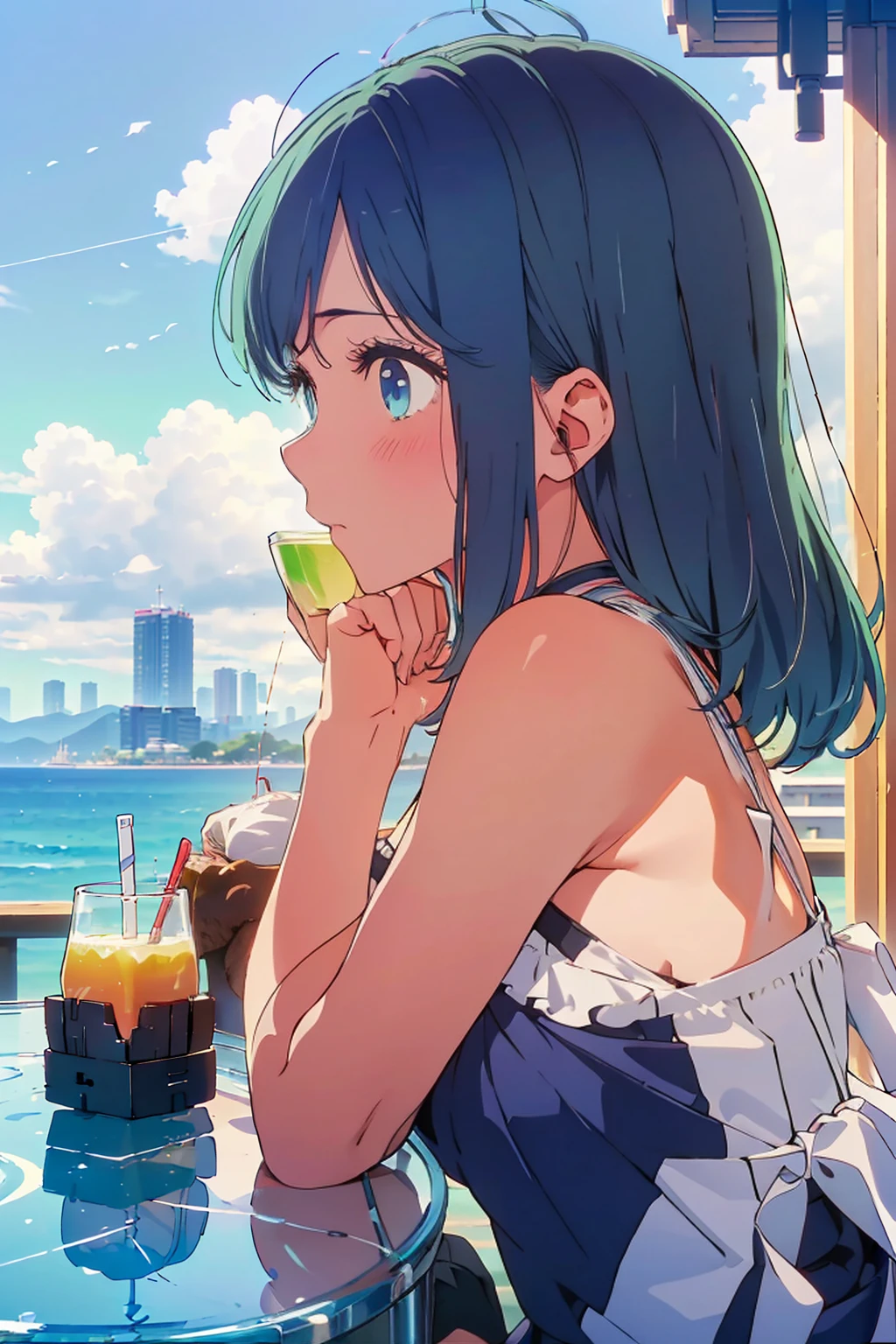 (Highest quality:1.4、masterpiece:1.4、Super detailed:1.4、8K:1.4)、F cup bust、Big Breasts、Slim body、((((1 person、Surprised expression、sit、Chair、In the background are the urban buildings of Tokyo、looking at the camera、Outdoor café terrace、coastal、Navy hair color、juice、table、Shooting up close、Very cute face))))、(Pose of putting hair behind ears with hands:1.4、Cheek resting on hand:1.4）、((nude、Areola、bikini))、Very blue sky、A completely cloudless sky、Big eyes、((((Shallow depth of field))))、Pink Lips