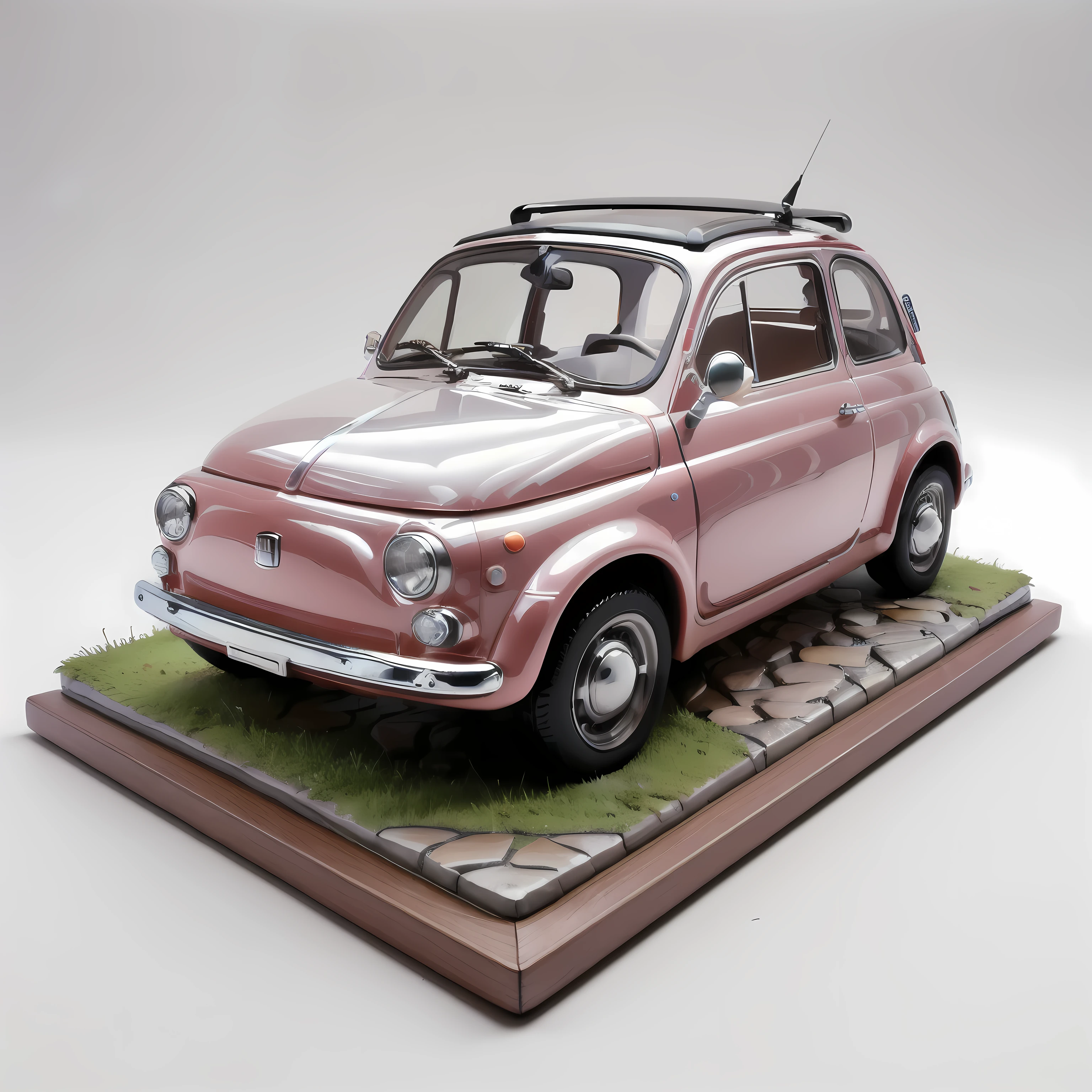 (masterpiece,Highest quality,Highest quality),Fiat 500 plastic model,Isometric 3D diorama,Gentle lighting,Landscape diorama,the way,wood