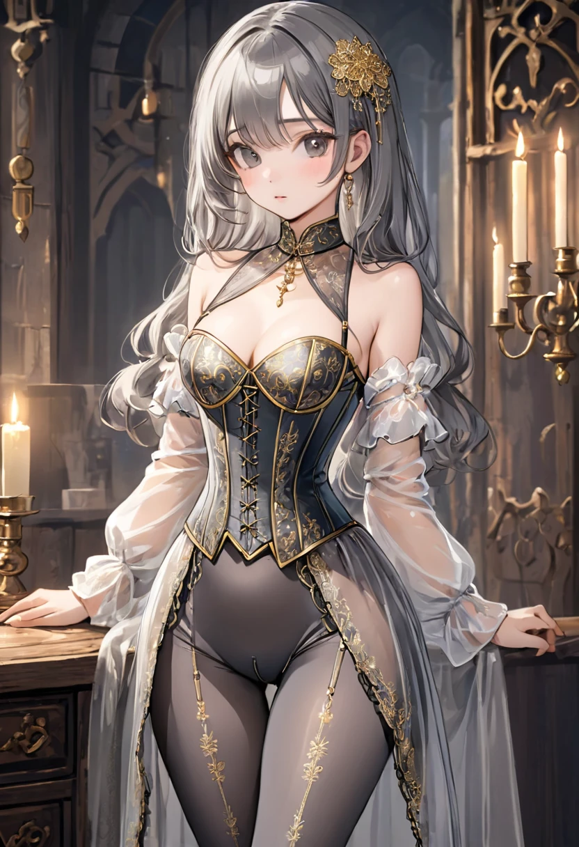 Girls in the Middle Ages、 Gold and silver embroidery、underwear姿、Translucent knee-length drawers(underwear)Wearing、Wearing a semi-transparent corset、 Grey translucent tights