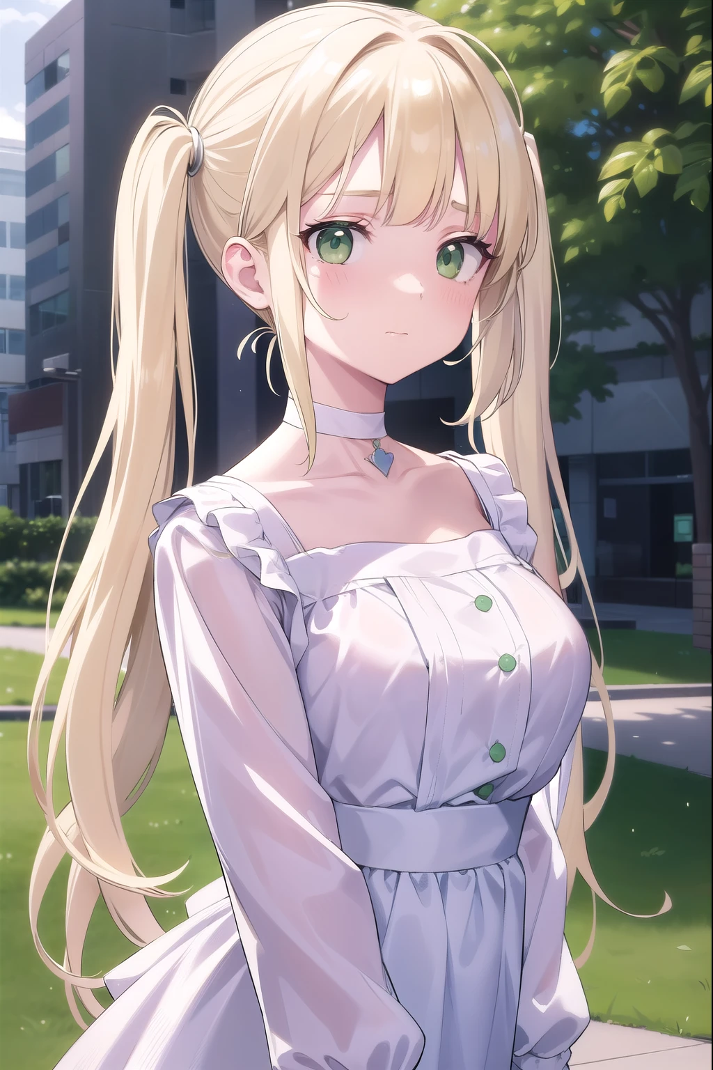Blonde Hair, choker, (Green Eyes:1.5), Long Hair, twintails, low twintails, dress, skirt, blush, blush stickers, Have, (White clothes:1.5), break looking at viewer, break outdoors, city, break (masterpiece:1.2), highest quality, High resolution, unity 8k wallpaper, (figure:0.8), (Beautiful fine details:1.6), Highly detailed face, Perfect lighting, Highly detailed CG, (Perfect hands, Perfect ???????),