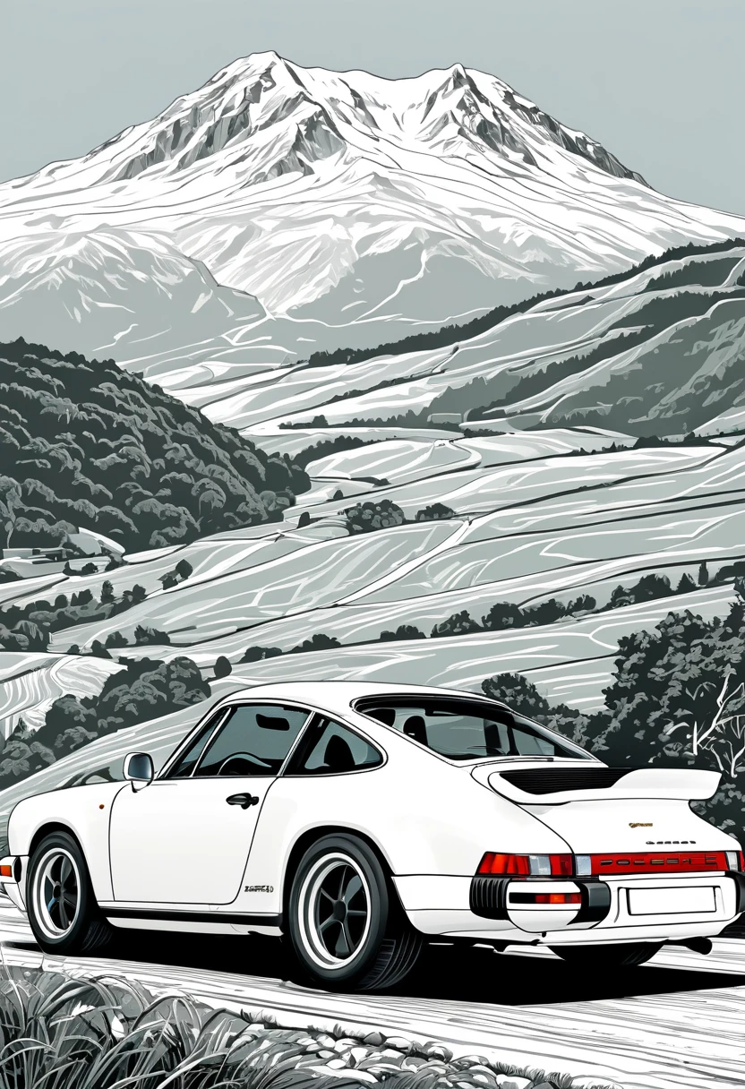 Magnifique Porsche 911 Carrera 3, blanche, 1990, stylized digital illustration, very detailed digital illustration, back side view, Retro style art, detailed vector art, vintage illustration, realistic, arrière plan montagne