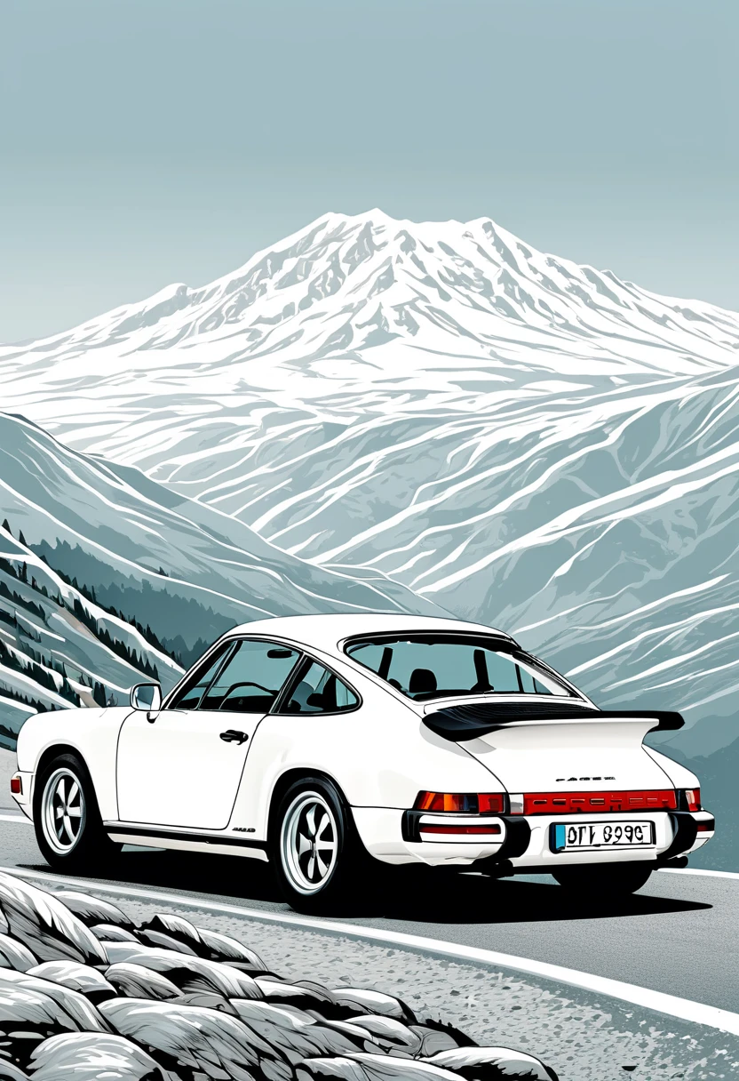 Magnifique Porsche 911 Carrera 3, blanche, 1990, stylized digital illustration, very detailed digital illustration, back side view, Retro style art, detailed vector art, vintage illustration, realistic, arrière plan montagne