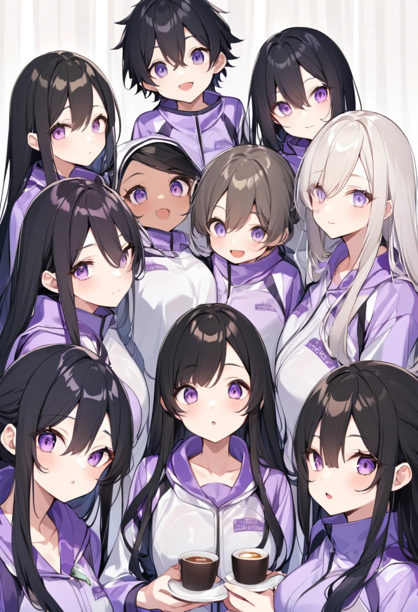 Wearing a purple diving suit、barefoot。hair is black、Purple eyes。Breasts are K cup。The skin is white and、Long hair。Has one brother and one sister。My sister has an E cup。All of them have black hair。6 siblings。It's like diving into the ocean and looking at the coral reefs and fish.。Like we're lined up on the beach with the beach houses。My brother is wearing a black diving suit.。