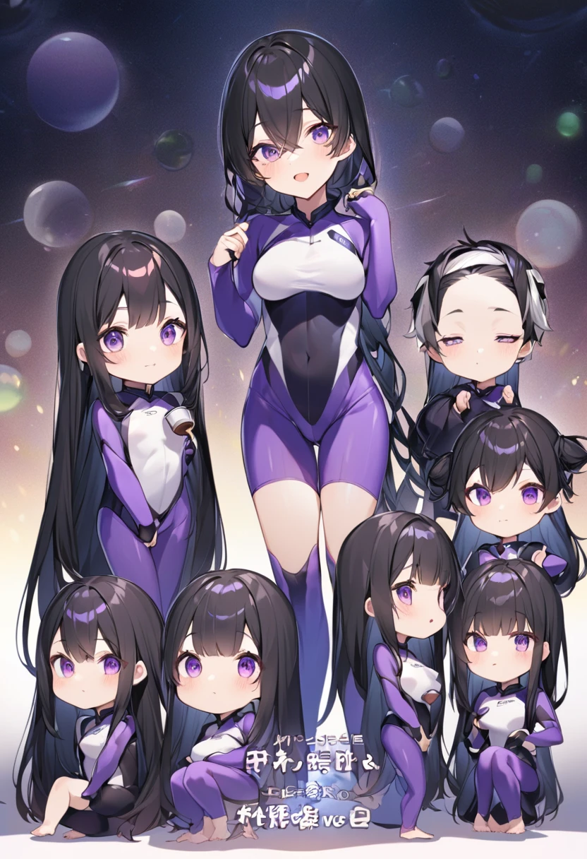 Wearing a purple diving suit、barefoot。hair is black、Purple eyes。Breasts are K cup。The skin is white and、Long hair。Has one brother and one sister。My sister has an E cup。All of them have black hair。6 siblings。It's like diving into the ocean and looking at the coral reefs and fish.。Like we're lined up on the beach with the beach housey brother is wearing a black diving suit.。