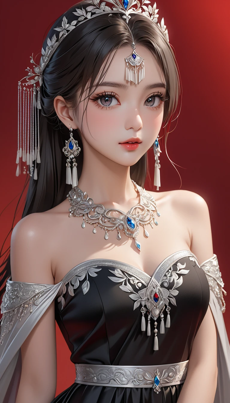 (masterpiece，high quality，8K).beautiful girl，Ethnic evening dress：1.5.Skin details，Bright Eyes，Thick eyelashes，Unique，Staring at the audience），（Black long skirt，Long legs，seedling：1.5，Silver jewelry：1.2，Silver crown：1.5，silver tassel：1.37，）。Clean and simple red background