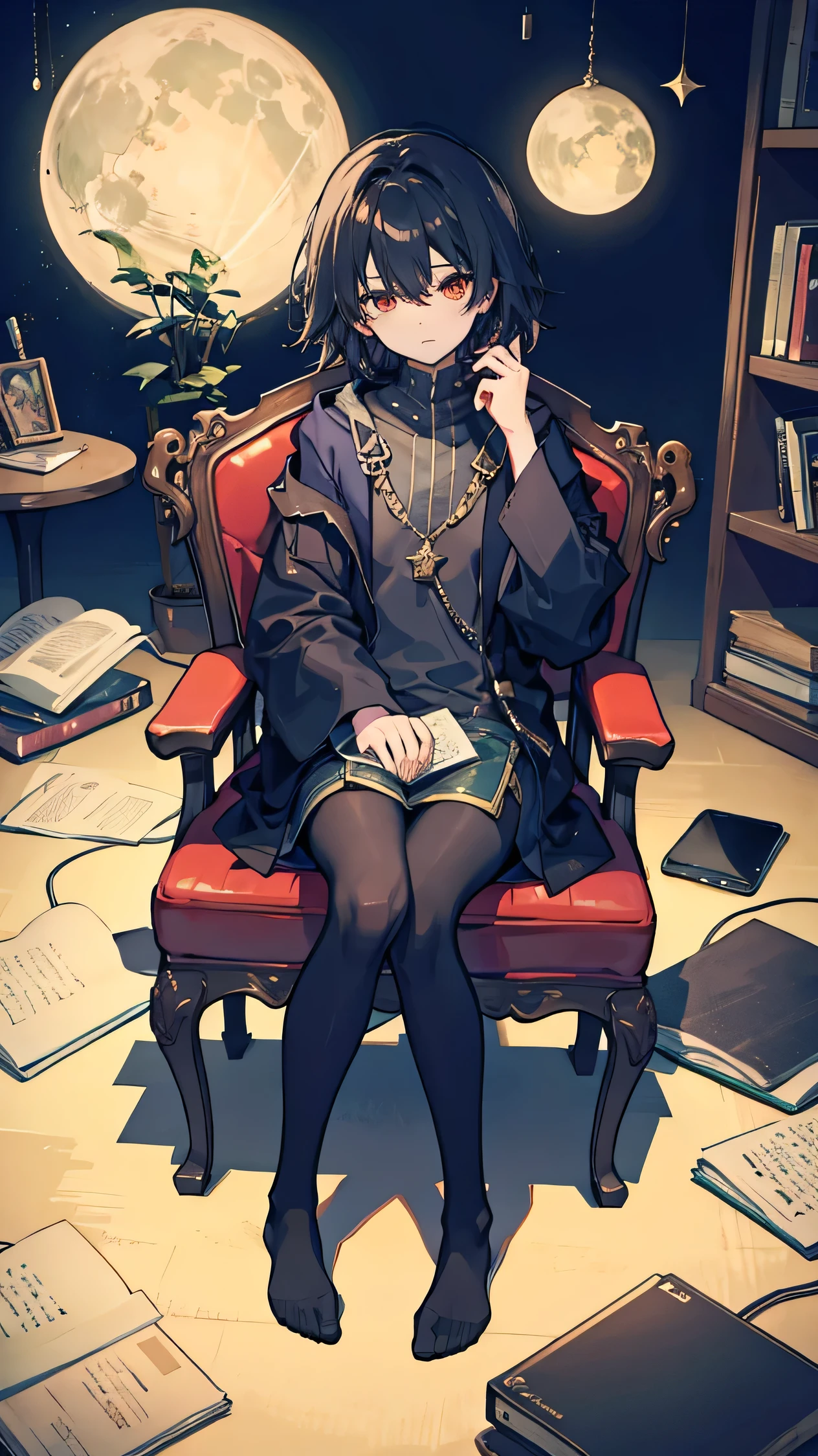 fantasy,wizard,androgynous cat boy,Black messy hair,Short cut,amber eye,sleepy,from front,{{{sitting chair}}},Black pantyhose,night,Round library,World Tree,celtic,