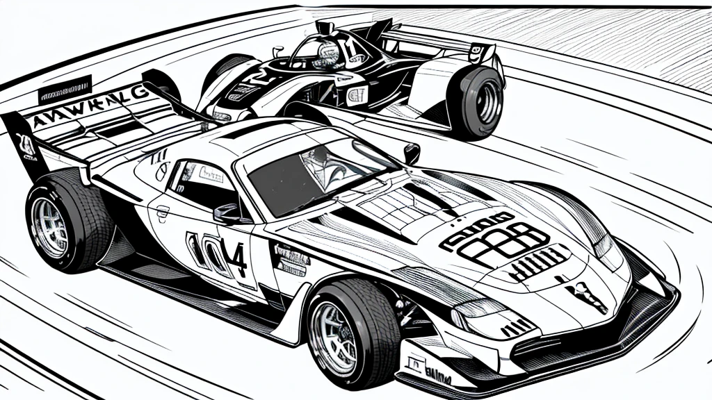 Coloring book page, Beautifully drawn, Black and white, car racing on the track, Simple Line, illustration, Ink drawing, very noticeable thick outlines, clean lines, drawing lines, clipart. A car is moving along the road, another one is catching up with him. In the background are stands and scoreboards..