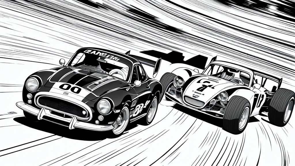 Coloring book page, Beautifully drawn, Black and white, car racing on the track, Simple Line, illustration, Ink drawing, very noticeable thick outlines, clean lines, drawing lines, clipart. A car is moving along the road, another one is catching up with him. In the background are stands and scoreboards..