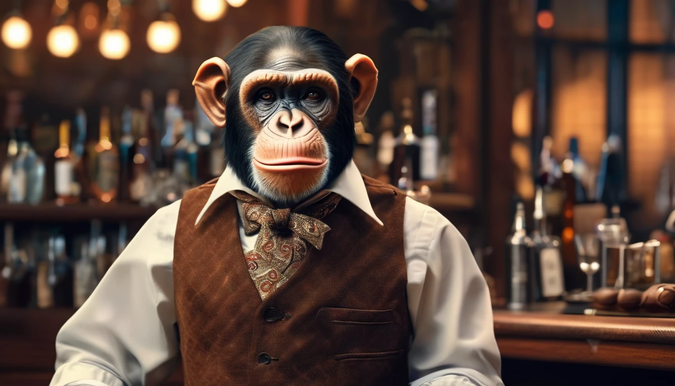 a chimpanzee bartender wearing a bowtie and waistcoat, holding a coffee glass, detailed portrait, highly detailed facial features, realistic fur textures, detailed hands and fingers, ornate bar interior with bottles and glasses, studio lighting, cinematic composition, photorealistic, 8k, masterpiece