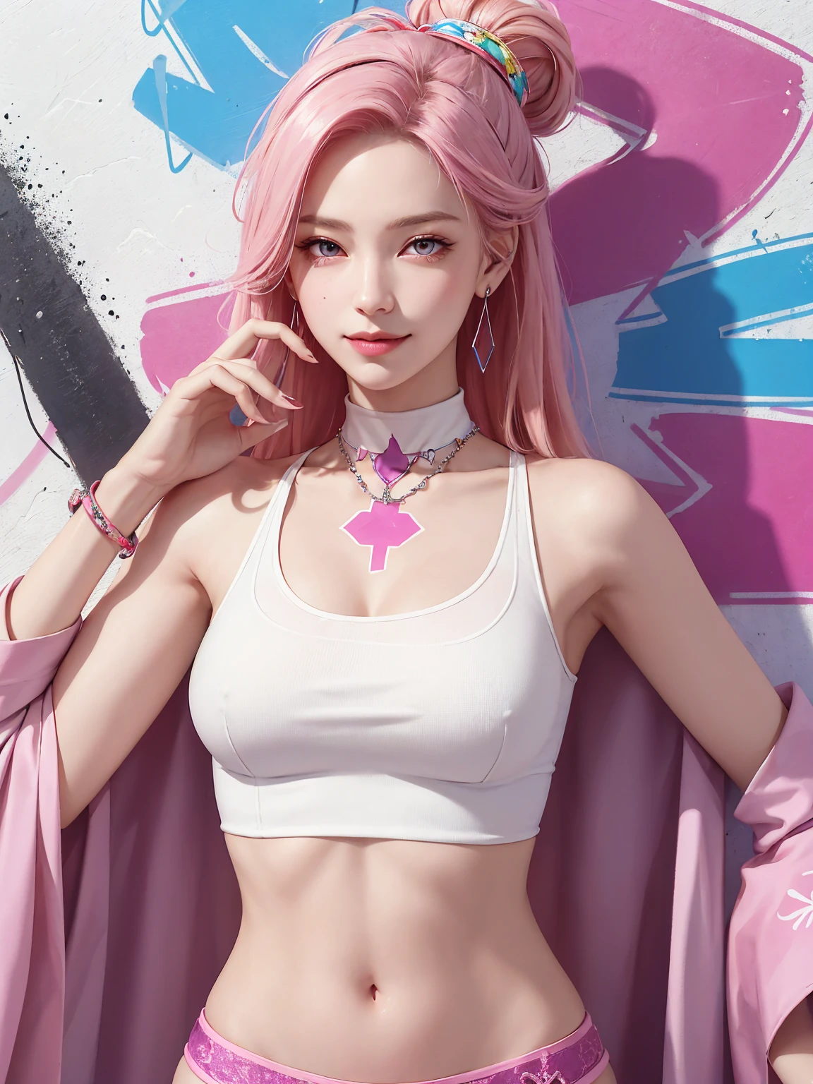 (Masterpiece, best quality, 1 girl, alone, complicated details, Chromatic aberration), realistic, ((Moderate breath)),long hair, pink hair, Red headpiece, Pink Highlights, hair on one eye,purple eyes, earring, sharp eyes, choker, Neon coat, She wears a collar, bangle, and kimono style garters., crop top, (symmetrical eyes),(Perfect symmetrical body),against the wall, Brick wall, (colorful graffiti words on the wall:1.2), The light is dim., alley ,Look at the viewer.、Dig the chest、smile、(sleeveless、Navel touch、Fitted turtleneck.)、street string hot pants、Thin bottom、Please build above the eaves..、Thin shoulders、in underwear、