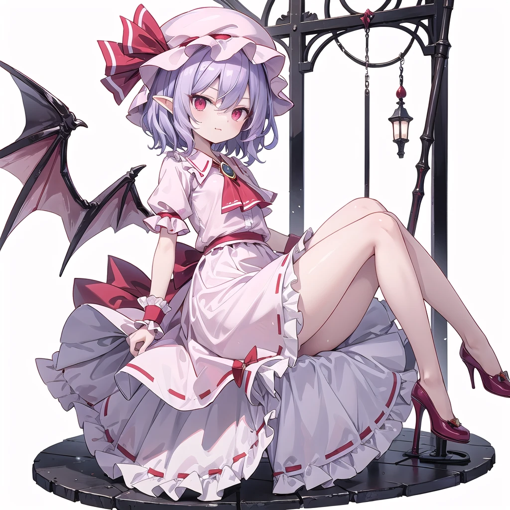 (((one women))),(((remilia scarlet))),(touhou), red eyes, short hair, purple hair, light purple hair, blue hair, slit pupils, fang, bat wings, white headwear, pink headwear, mob cap, white shirt, pink shirt, collared shirt, frilled shirt collar, red ascot, puffy short sleeves, frilled sleeves, wrist cuffs, white skirt, pink skirt, skirt set, frilled skirt, red ribbon, hat ribbon, waist bow, red bow, spear the gungnir, brooch, holding,(((full body))),(((model posing))),(((white background))),(((Diagonal angle)))