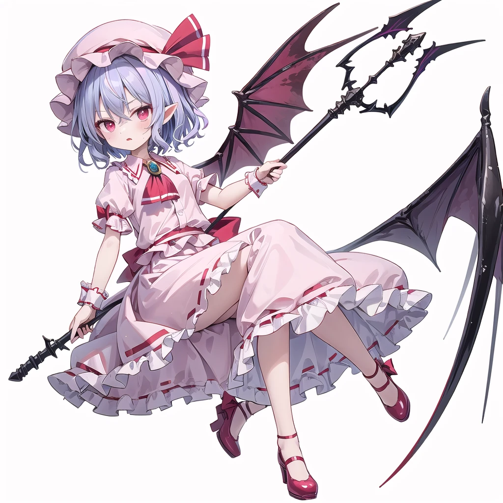 (((one women))),(((remilia scarlet))),(touhou), red eyes, short hair, purple hair, light purple hair, blue hair, slit pupils, fang, bat wings, white headwear, pink headwear, mob cap, white shirt, pink shirt, collared shirt, frilled shirt collar, red ascot, puffy short sleeves, frilled sleeves, wrist cuffs, white skirt, pink skirt, skirt set, frilled skirt, red ribbon, hat ribbon, waist bow, red bow, spear the gungnir, brooch, holding,(((full body))),(((model posing))),(((white background))),(((Diagonal angle)))