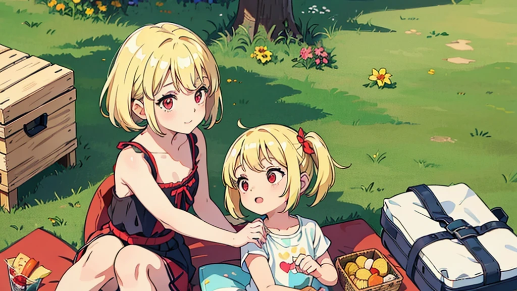 pretty girl, (??? 1.3), cute, happy, blonde hair, Pigtail short hair, red eyes, gentle looking eyes, summer, picnic, park