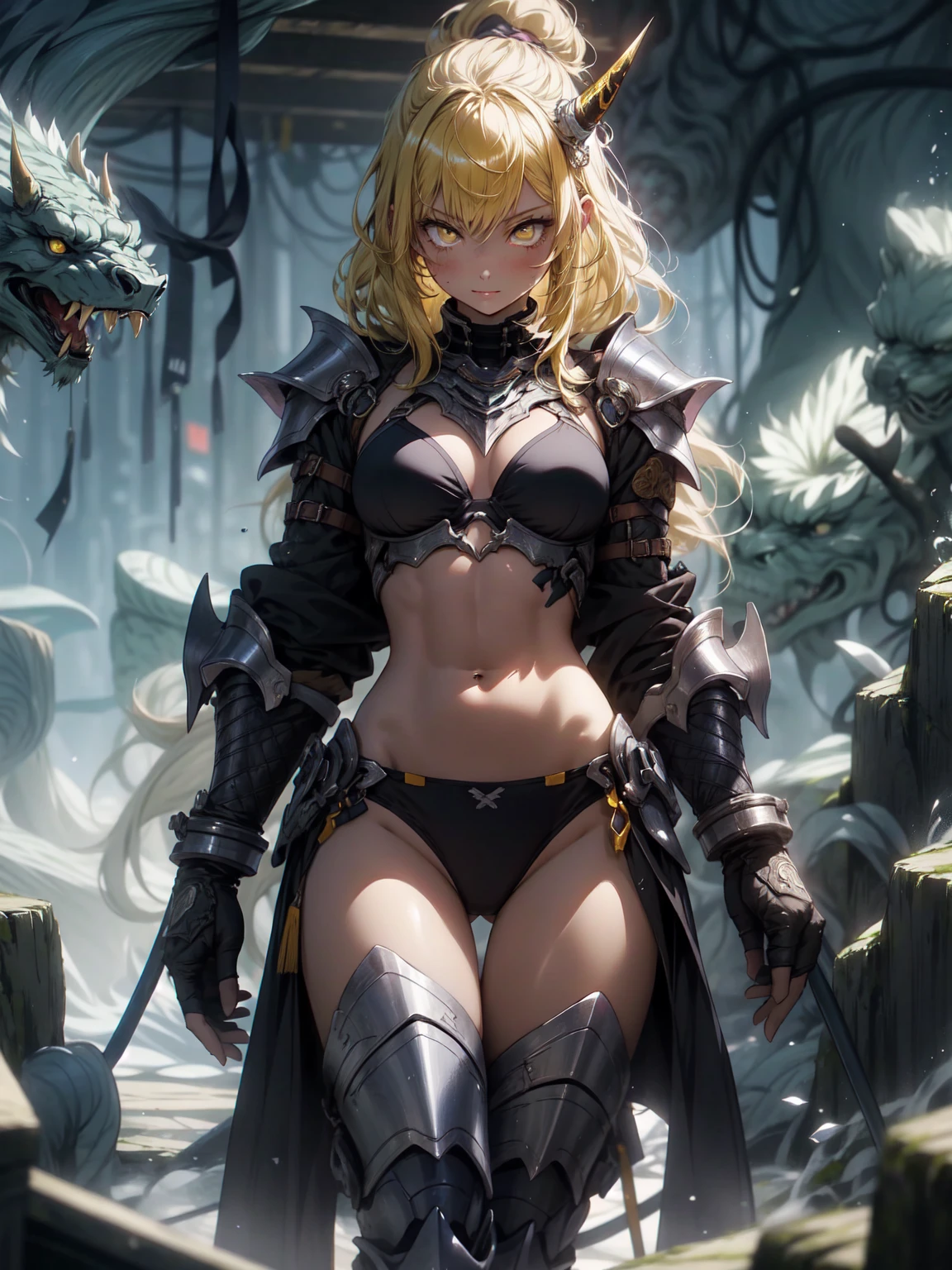 Be realistic，（masterpiece，Highest quality，Highest quality，Very detailed，Fractal Art，Most detailed，（The background is abstract：1.5）（1 Girl），Kamimei，（Yellow hair ponytail），（Yellow eyes shine、Big Breasts、Toned Abs，Stunned)，Abyss Stick、crystallization，Black Bikini、High Leg、sexy、Machine Armor、Sunburned skin、Demon Horn、Berserk