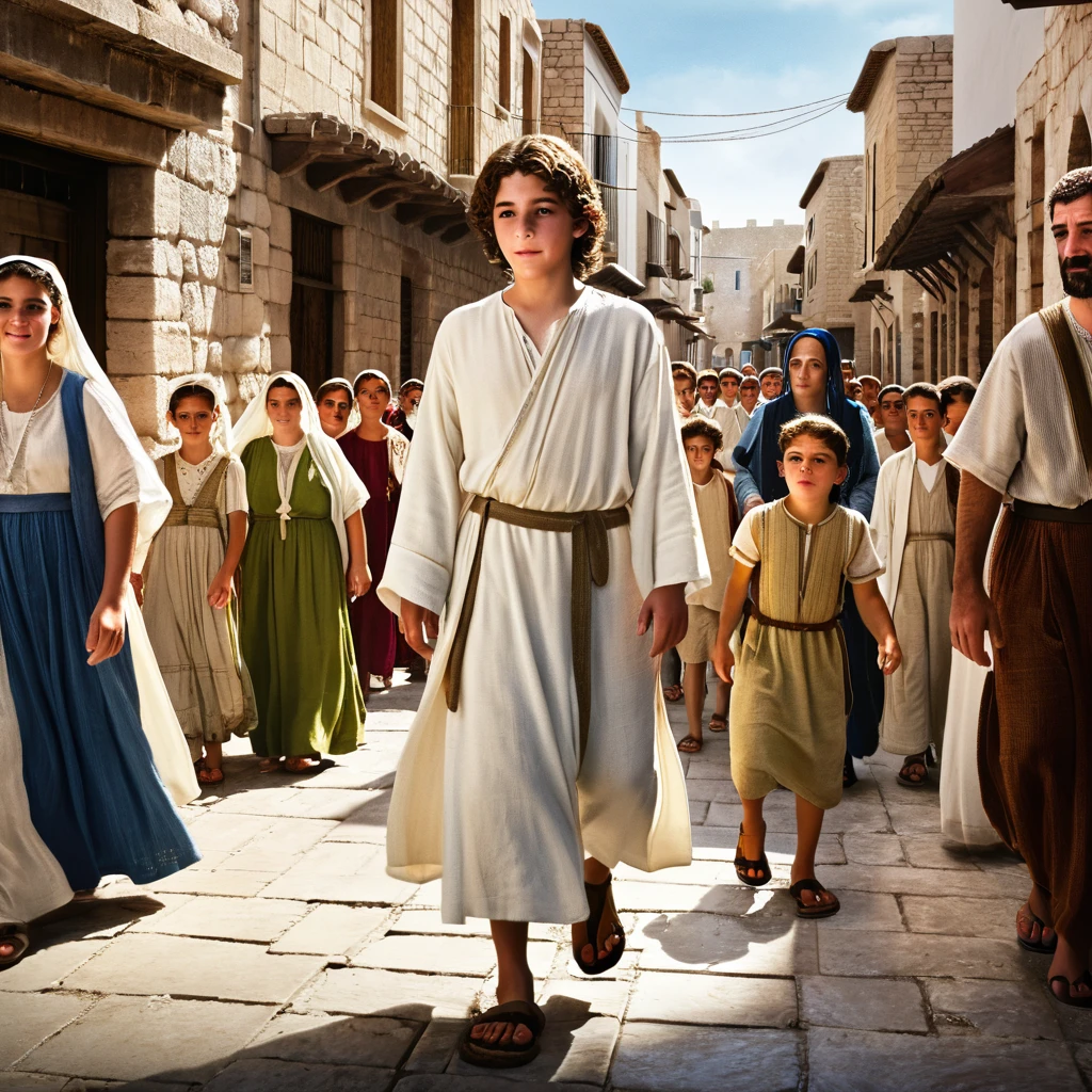 Niño Saul, Jewish family, city of Tarsus
* Description: Un joven Saul juega en las calles de Tarso, surrounded by his family and other people. The city is full of life and activity.
* Era: 1st century a.c.
* outfit: Saul: white tunic and sandals; Family: white robes and sandals.
* Place: calles de Tarso
* Action: Saul juega con otros niños.
* bottom: stone buildings, lively streets and people of different cultures.
* Plan type: plano general
* Style: hyper-realistic, photo realism, cinematography