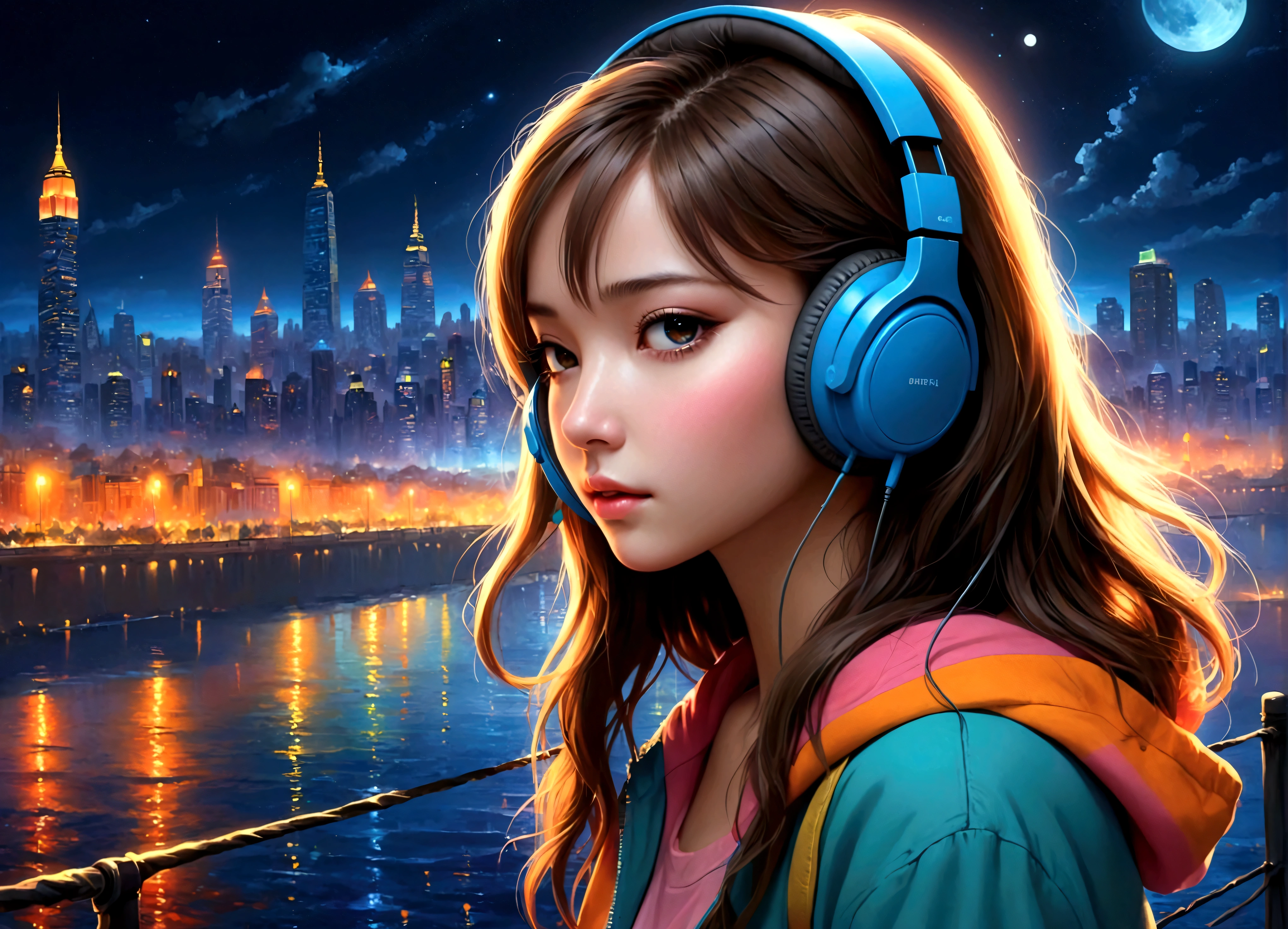 masterpiece, highest quality, beautifully (One girl), Very detailed,colorful, Most detailed、headphones on, night time