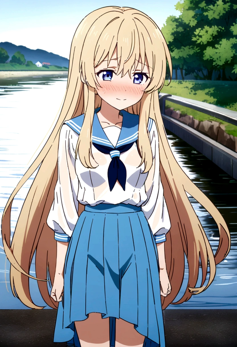 (See-through, Disheveled long hair, Beautiful details,Hair shines,elevation,Blue sailor collar, Firm and small breasts,A light smile,Riverside,Fluttering hem,anime,anime風,See-through,Skirt flipped up,Not wearing,See-through,スカートSee-through,blush,Heartbreaking,No underwear,No bra,Embarrassed,animeの顔,Feed yourself,