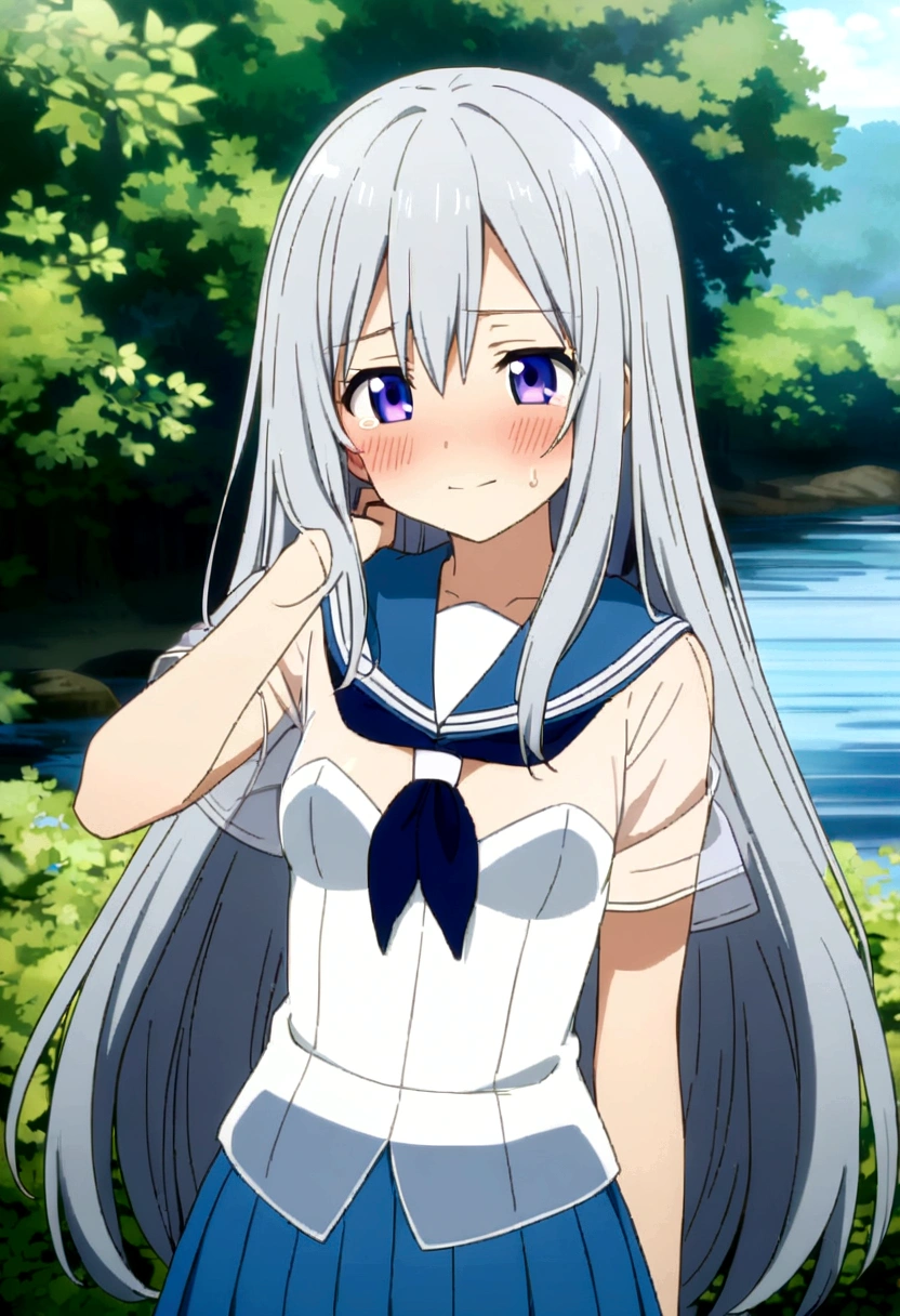 (See-through, Disheveled long hair, Beautiful details,Hair shines,elevation,Blue sailor collar, Firm and small breasts,A light smile,Riverside,Fluttering hem,anime,anime風,See-through,Skirt flipped up,Not wearing,See-through,スカートSee-through,blush,Heartbreaking,No underwear,No bra,Embarrassed,animeの顔,Feed yourself,