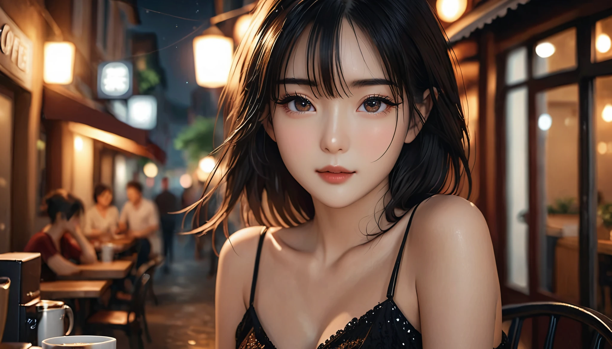a girl,cute and pretty face,Long straight black hair,Long bangs covering eyes,long eyelashes,(Fine eyes),small eyes,(half-closed eyes),(Dark lipstick),(Dark eyeshadow),Slim body,Medium breasts,Slender limbs,spaghetti strap dress,outside an old town coffee café,night,clean focus,shallow Depth of Field,Ultra-detailed faces,very beautiful face,soft skin,Extremely high texture skin,Look to viewer,little smirk,beautiful legs,seductive,femainine pose,cinematic lighting,soft lighting,(realistic ,realistic-photo,RAW photo,8K original),lens flare,film grain,artistic photography,UHD,highres,masterpiece,retina,