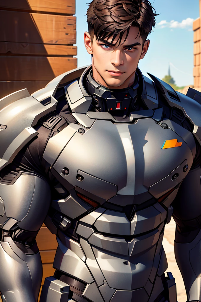 Realistic, masutepiece, Best Quality, Cinematic, Dynamic lighting, soft shadow, Highest detail, Professional Photography, Detailed background, depth of fields, Insane details, Convoluted, Aesthetic, Detailed face, Subsurface scattering, Realistic hair, Realistic eyes, 1boy, muscular, manly, (large pectoral muscles:1), pectoral muscles, Abs, Portrait photo of handsome man in a worn mech suit, Rusted metal, Sharp Focus, Photo by Mark Henderson, Soft lighting, Vibrant colors, Looking at Viewer, Robotic eyes,