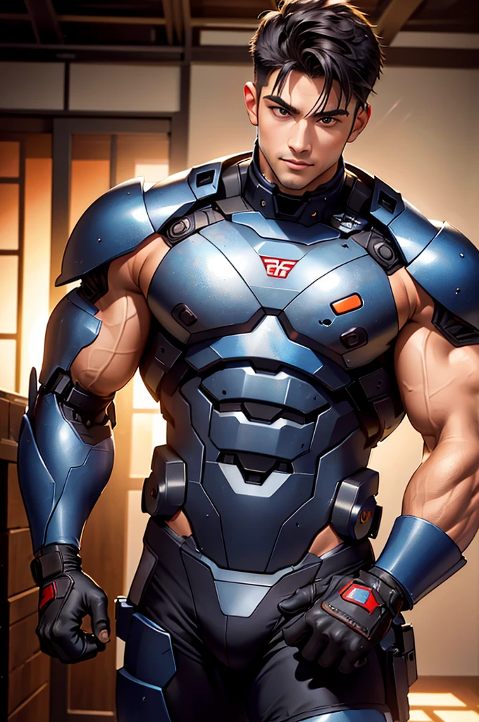 Realistic, masutepiece, Best Quality, Cinematic, Dynamic lighting, soft shadow, Highest detail, Professional Photography, Detailed background, depth of fields, Insane details, Convoluted, Aesthetic, Detailed face, Subsurface scattering, Realistic hair, Realistic eyes, 1boy, muscular, manly, (large pectoral muscles:1), pectoral muscles, Abs, Portrait photo of handsome man in a worn mech suit, Rusted metal, Sharp Focus, Photo by Mark Henderson, Soft lighting, Vibrant colors, Looking at Viewer, Robotic eyes,
