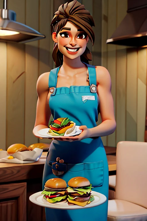 vramsramirez, Brown eyes, Brown hair, horse tail, Naked apron, looking at the viewer, smiling, happy, teeth, blush, medium shot, standing inside the cozy kitchen, holding a plate of food, burgers, worktop, high quality, masterpiece,