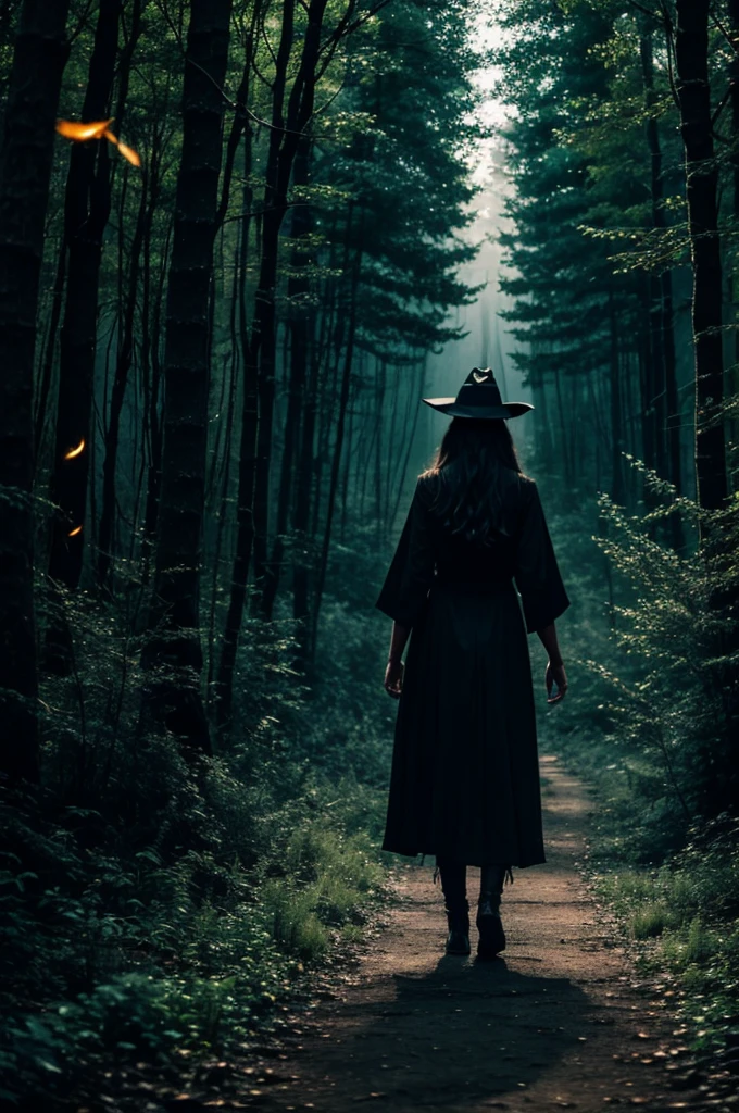 A witch walks through a dark forest, fireflies, wind, mysticism