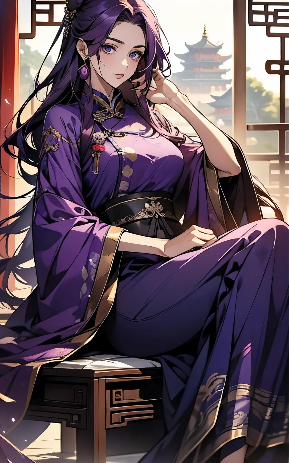 1 middle-aged women, (45 years old), long purple hair, blue eyes, chinese clothes, (!PURPLE! clothes, ultra long skirt ), available at purple chinese room