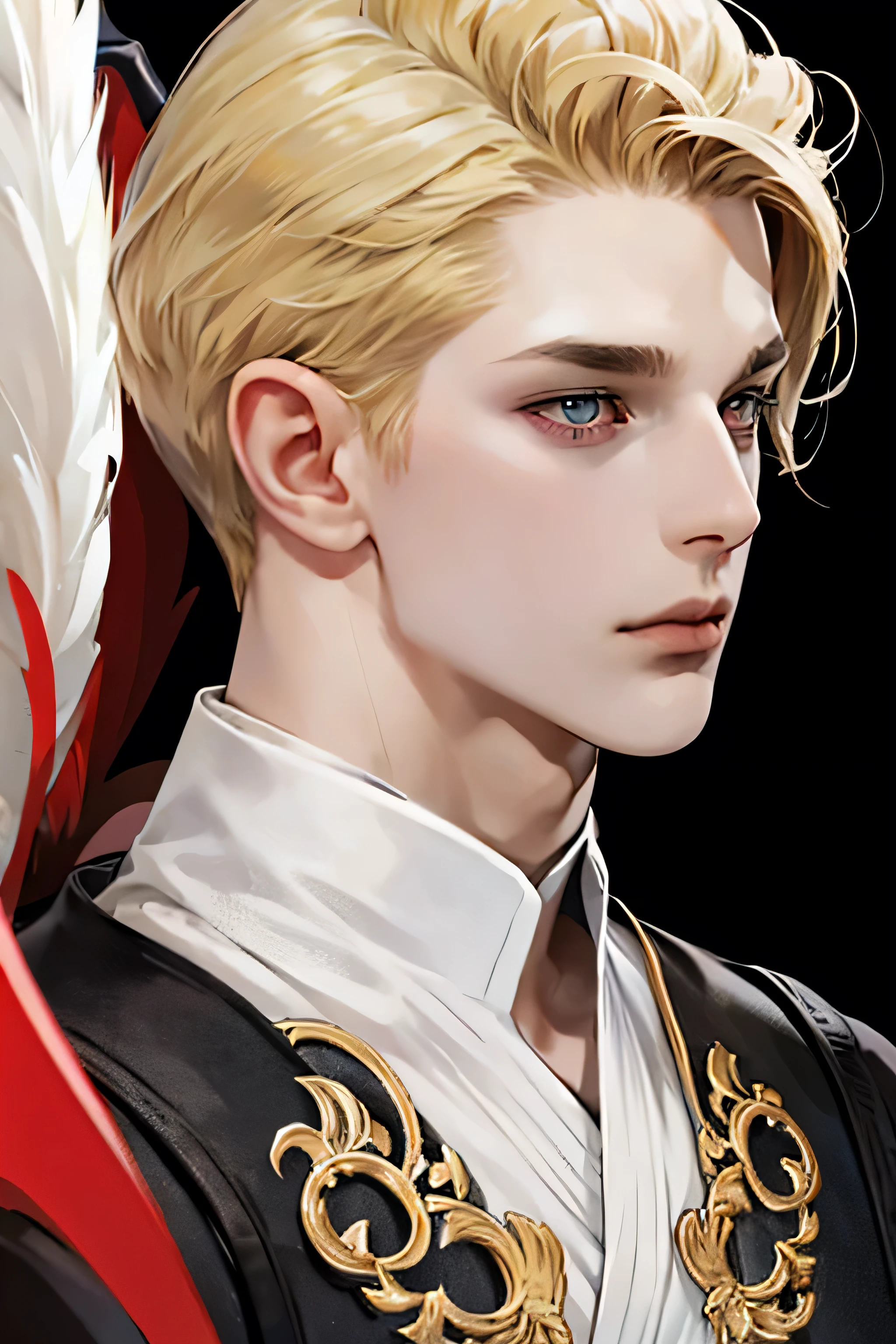 a tall male , blonde hair, demon, left wings black, right wings white, his eyes red, in the black hell, close up his face