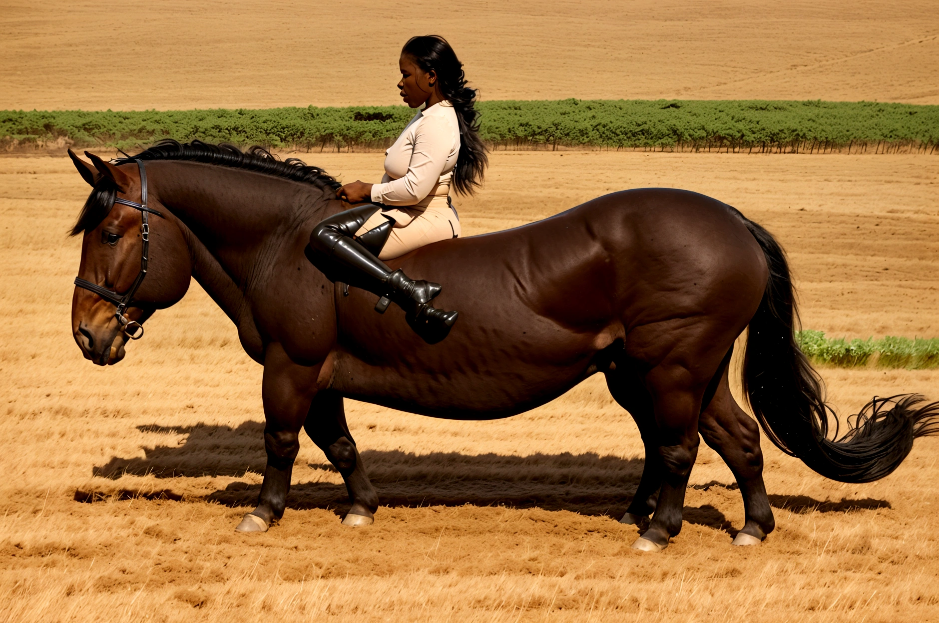intricate bikini, correct anatomy, BREAK, masterpiece, best quality, huge Shire horse, big bum horse, BREAK, very dark skinned, African, BBW, riding horse. very short horse tail, nude, very short hair