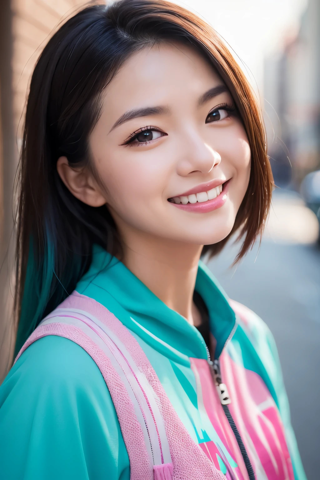 high quality, High resolution, masterpiece, completion, detailed.impressive, Cutting-edge female photography portraits, Showcasing a bold and daring street-art style. Facing forward、beautiful woman、smile、smile、looks fun、cyan, and purple, Her vibrant makeup really catches the eye., Blue and pink hues in harmony. 背景には蛍光クロムイエローand purpleの魅惑的なグラデーションが施されています, Blends seamlessly with the dynamic colors of your subject. This powerful combination of hyper-detailed realism and artistic expression creates a vivid,