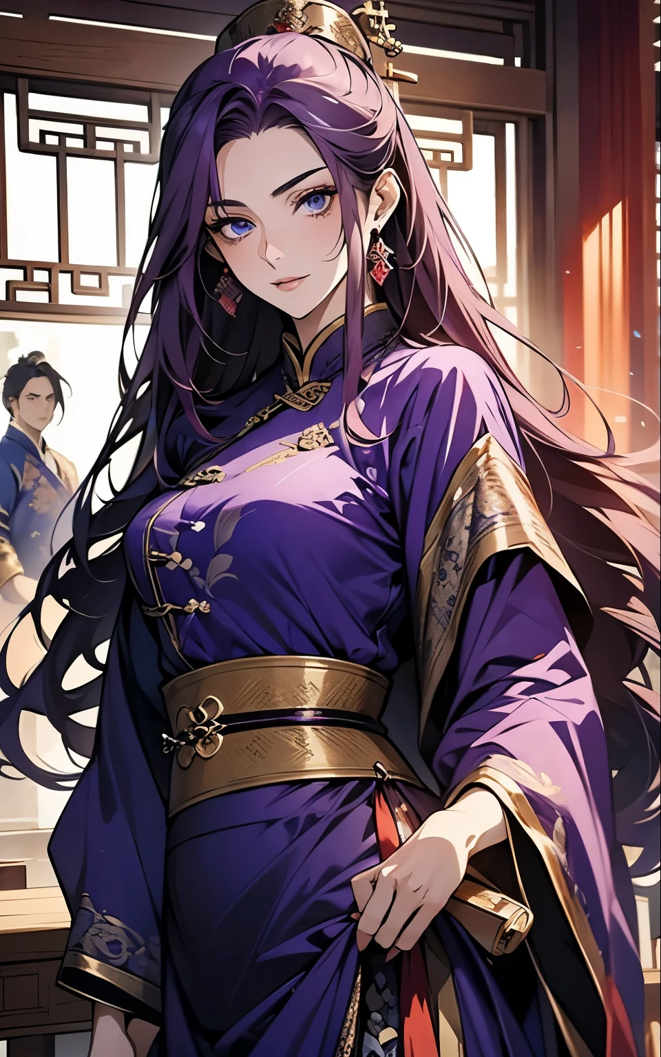 1 middle-aged women, (45 years old), long purple hair, blue eyes, chinese clothes, (!PURPLE! clothes, ultra long skirt ), available at purple chinese room