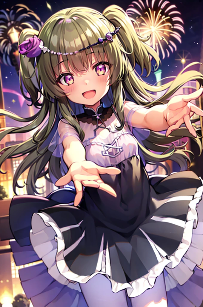 Himari Mei, masterpiece, ****, cute, flat chest, cute and shy smile, highly detailed sparkling brilliant purple eyes, open mouth slightly, standing in summer night,black dress, perfect body, detailed hands, detailed fireworks in the sky, outstretched arms for viewer, full body