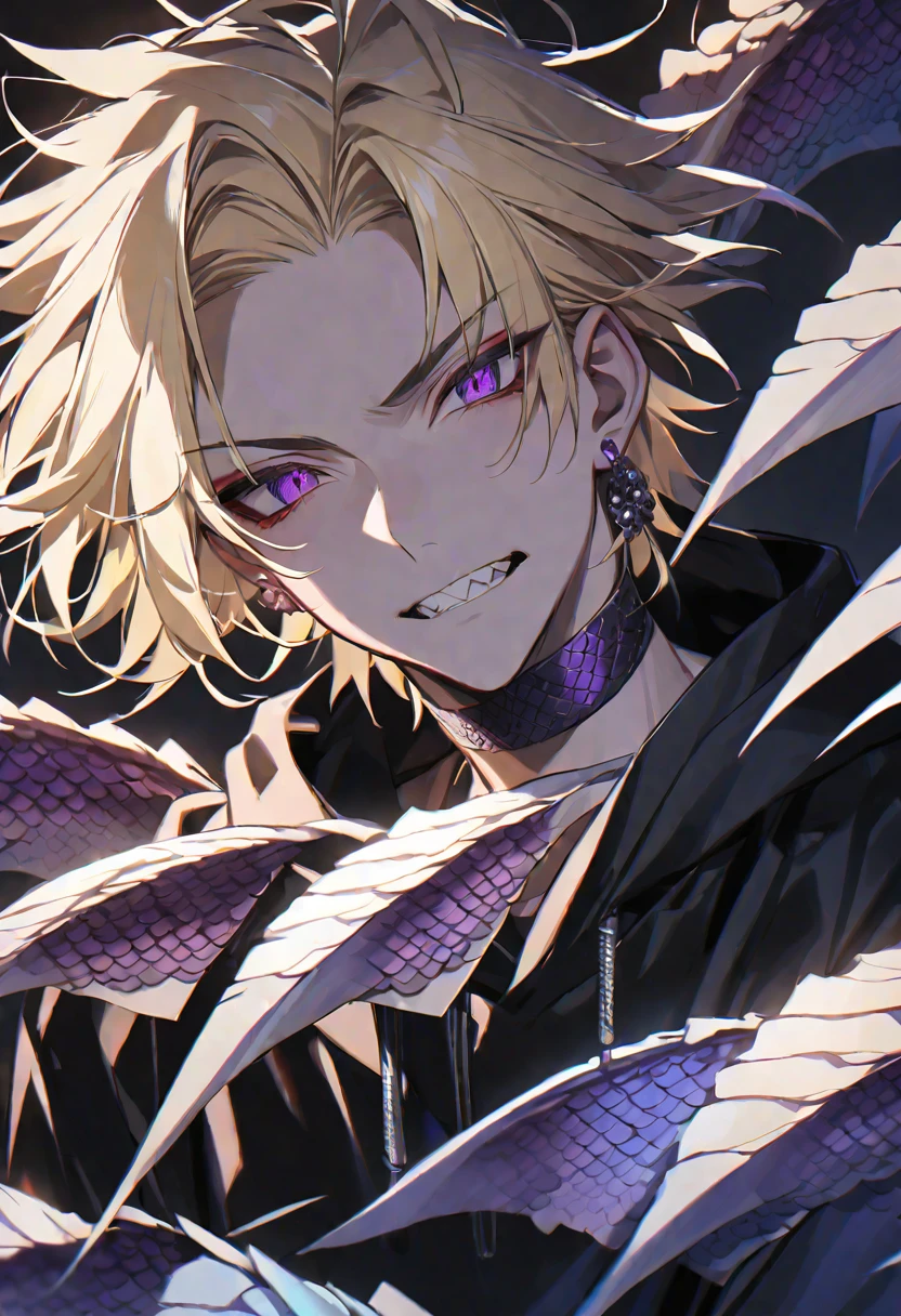 solo, handsome,
1. male,
Hime cut,Straight Hair,short Hair,
blonde hair,
Gojo Satoru,
purple Eyes,Soft look,beautiful,Sexy,Darkness,Lots of silver earrings,choker,skin,
Dragon Scale,Black hoodie,Jagged teeth,
black background,