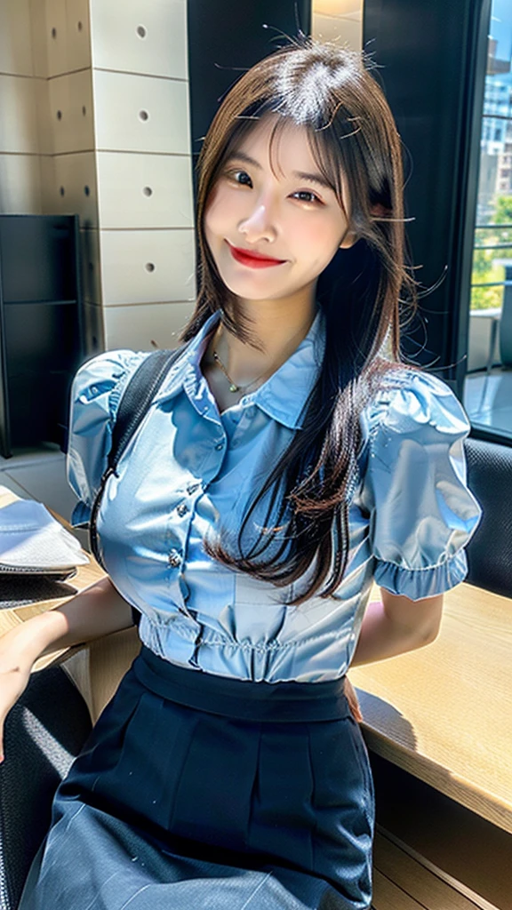 A smile、Boob emphasis,｟Open cleavage｠,｟Chest drooping pose｠、((huge-breasted:1.4)),Looking at me on my desk in an office in a high-rise building、 Dark blue tight skirt, The skirt was turned up,Sweaty big、Black Lace T-Back Panties, Open white Y-shirt、(Best Quality,At 8K,nffsw:1.2),(cute Japanese girls),(Huge breasts:1.25),(Collared shirt)、(​masterpiece、top-quality) 、For clear images、Strong sunshine、absolutely outstanding image, very extremely beautiful、​masterpiece, top-quality,a picture, kawaii、(Colossal tits:1.2)、((20 year old woman:1.2))、Young adorable Japan face, dewy skin, close up of face,Soft portrait shots,in 8K、Clear skin smile、Emphasize the chest、｟Cleavage｠、｟sagging breast posture｠、((Big Breasts:1.4))、Look at me from my desk in the high-rise office、Dark blue tight skirt、The skirt was turned inside out，Sweating、Black lace T-back panties、Slit white Y-shirt、（best quality，8K，nffsw：1.2），（Cute Japanese girl），（Big Breasts：1.25），（Collared shirt）、 （masterpiece、high quality） 、clear picture、strong sunlight、Absolutely outstanding image，very beautiful、masterpiece、high quality、a photo、Kawaii、（：1.2）、（（20-year-old female： 1.2))、young cute japanese face，hydrated skin，Close-up of face，Soft portrait shots，8K、clear skin