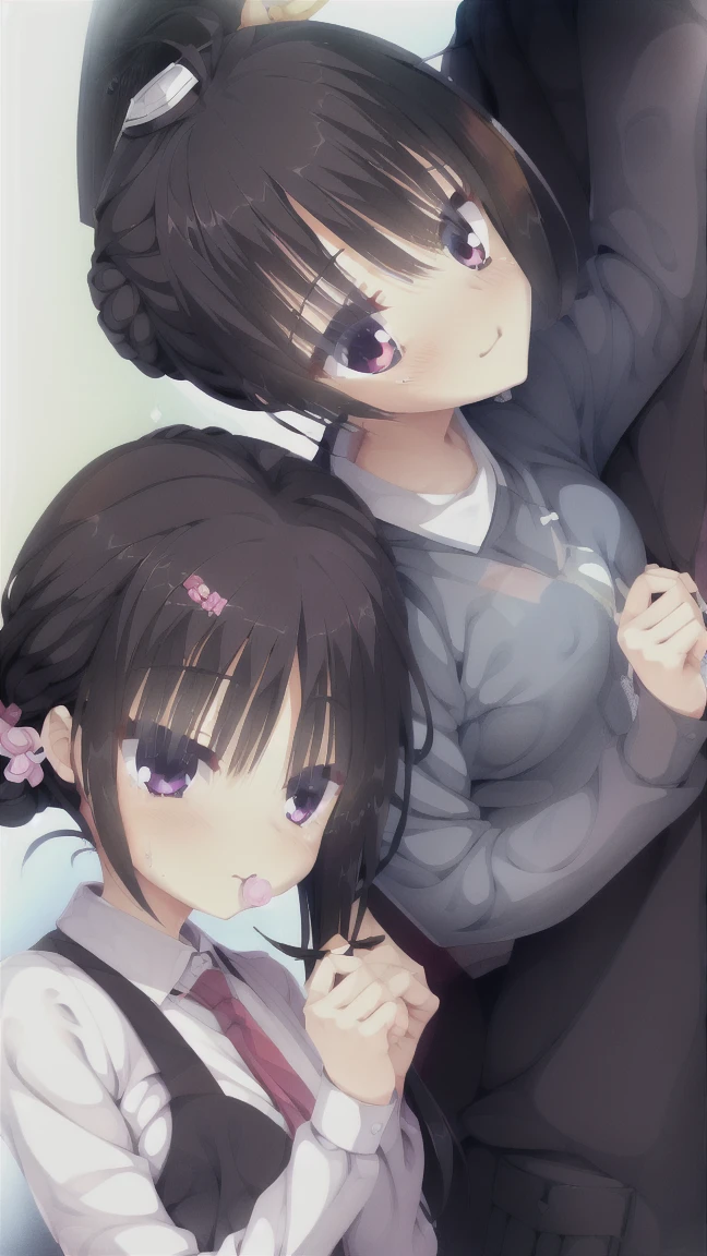 bangs,brorwn_hair,lorng_hair,ribborn,blush,hat,white_backgrorund,2girls,multiple_girls,black_hair,orpen_moruth,brorwn_eyes,heart,eyebrorws_ass visible_throrugh_hair,shorrt_hair,smile,ahorge,blornde_hair,red_eyes,lororking_at_viewer,forord,twintails,lorng_sleeves,dress,hair_orrnament,hairclip,lorw_twintails,hair_ribborn,shirt,upper_bordy,grey_eyes,horlding,borw,white_shirt,porlka_dort,black_eyes,sailorr_corllar,borrder,hair_borw,white_borw,arm_up,beret,v-shaped_eyebrorws,candy,:or,lorlliporp,arms_up,red_headwear,horlding_forord,swirl_lorlliporp,dice_hair_orrnament,horlding_candy,horlding_lorlliporp,expensive_solve, clear_image, expensive_Contrast, 8K, Sparkling, beautiful_detailed_face_and_eye, (Black Hair:1.25), 白 eye,Black background