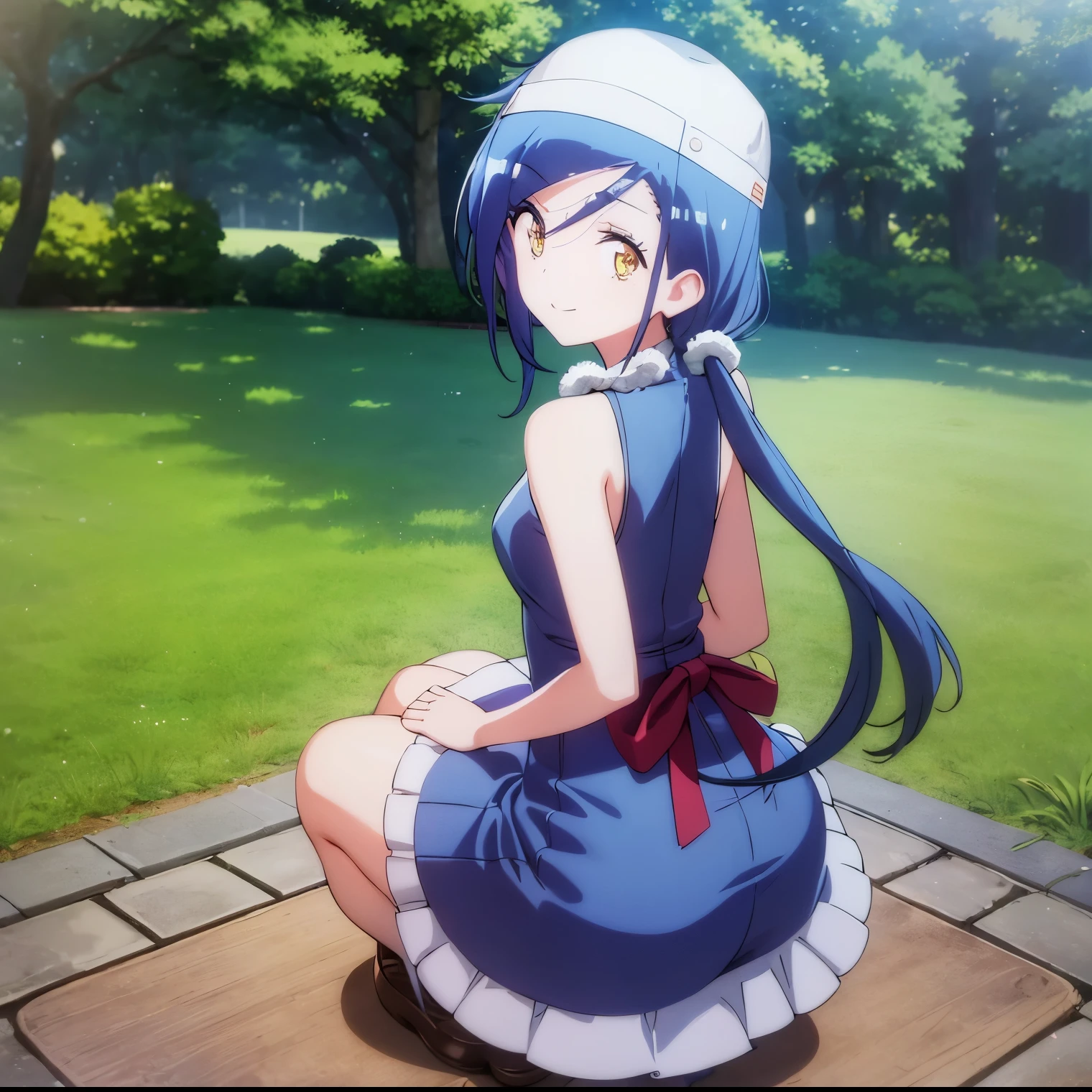 1girl,alone, fumino furuhashi,((Best quality)), (ultra detailed), anime style, looking at viewer, bed, cute girl, bed, long hair, blue hair, yellow eyes, sun hat, red glasses, white dress, long dress, bare shoulders, low pigtails, double pigtails, white stockings, white heels, small breasts, medium waist, wide hips, wide thighs, embarrassed, seductive, dynamic posture, full body, smile, closed mouth, standing, looking back, from behind, (focus in the butt), pov ((from below)), good lighting, exterior, Japanese park, cherry trees, perfect anatomy, perfect hands