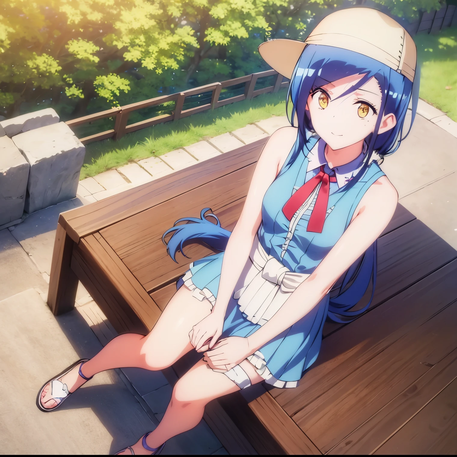 1girl,alone, fumino furuhashi,((Best quality)), (ultra detailed), anime style, looking at viewer, bed, cute girl, bed, long hair, blue hair, yellow eyes, sun hat, red glasses, white dress, long dress, bare shoulders, low pigtails, double pigtails, white stockings, white heels, small breasts, medium waist, wide hips, wide thighs, embarrassed, seductive, dynamic posture, full body, smile, closed mouth, standing, facing forward, (focus at the waist), pov ((from the middle)), good lighting, exterior, Japanese park, cherry trees, perfect anatomy, perfect hands