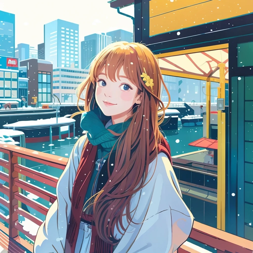 Illustration Style、Showa anime、ukiyo-e、((girl))、Tokyo、Soft Touch、((Modern))、winter、High resolution, samba, latina