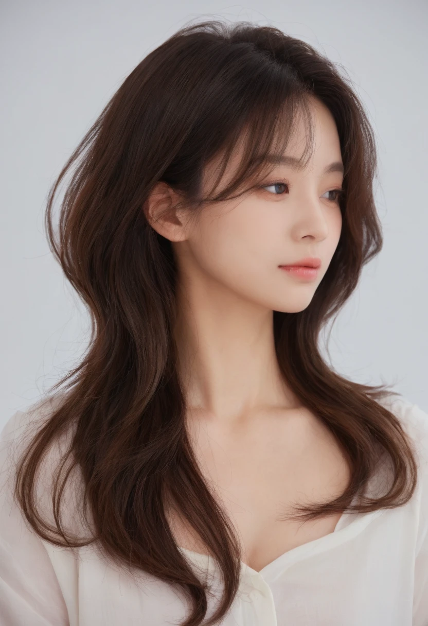 Best Quality, 8k, Masterpiece, (Portrait: 1.3), (photo realistic:1.4), (hyper realistic:1.4), Sharp Focus, looking at viewer, (smoother lighting:1.1), (increase cinematic lighting quality:0.9), realistic lighting, backlighting, light on face, ray trace, (brightening light:1.2), (Increase quality:1.4), sharp detail, (best quality real texture skin:1.4), finely detailed eyes, black_eyes, finely detailed face, 25 year old Korean woman, (white formal_shirt:1.4), (Create an image maintaining the original base model hairstyle:1.5)