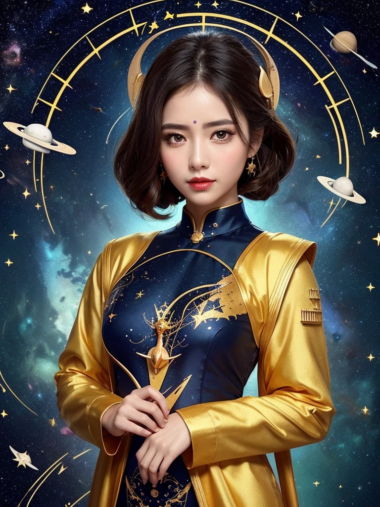 One Zodiac Goddess from the Future, Zodiac goddess wearing ao dai to hide her chest, The Zodiac Goddess wears a bright yellow gold vest, 女神は明るいピンク紫色のconstellationのオーラを放っている, 星は12constellationの形をしています, Zodiac goddess wearing a golden zodiac ao dai with many black details, 未来から来た12constellationの神話の女神, constellation ♏, Zodiac Style, Dark and mysterious version, ample boobs, Red lips are well-balanced and very beautiful, Characters by Karol Baque and Pino Daeni, Intricate details, Detailed Background, Many objects in the background, Very detailed, Magic lighting, woman, A clearly drawn face, Beautiful face and symmetrical eyes, Big round eyes and very beautiful and detailed makeup, distant focus, Silk clothing, Mysterious decoration, Upper body portrait, Arms loosen, Realistic and vivid photos, (The stars that make up the zodiac: 1.7), (Zodiac sky background and fantasy portal of space and time: 1.8 ), Fiction Art, RAW images, style fantasy hanfu, Long sleeves that cover both hands, Two outstretched arms,