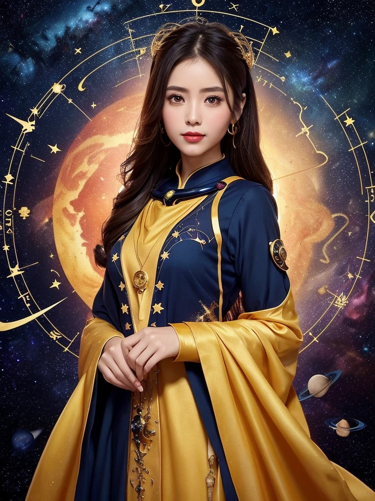 One Zodiac Goddess from the Future, Zodiac goddess wearing ao dai to hide her chest, The Zodiac Goddess wears a bright yellow gold vest, 女神は明るいピンク紫色のconstellationのオーラを放っている, 星は12constellationの形をしています, Zodiac goddess wearing a golden zodiac ao dai with many black details, 未来から来た12constellationの神話の女神, constellation ♏, Zodiac Style, Dark and mysterious version, ample boobs, Red lips are well-balanced and very beautiful, Characters by Karol Baque and Pino Daeni, Intricate details, Detailed Background, Many objects in the background, Very detailed, Magic lighting, woman, A clearly drawn face, Beautiful face and symmetrical eyes, Big round eyes and very beautiful and detailed makeup, distant focus, Silk clothing, Mysterious decoration, Upper body portrait, Arms loosen, Realistic and vivid photos, (The stars that make up the zodiac: 1.7), (Zodiac sky background and fantasy portal of space and time: 1.8 ), Fiction Art, RAW images, style fantasy hanfu, Long sleeves that cover both hands, Two outstretched arms,