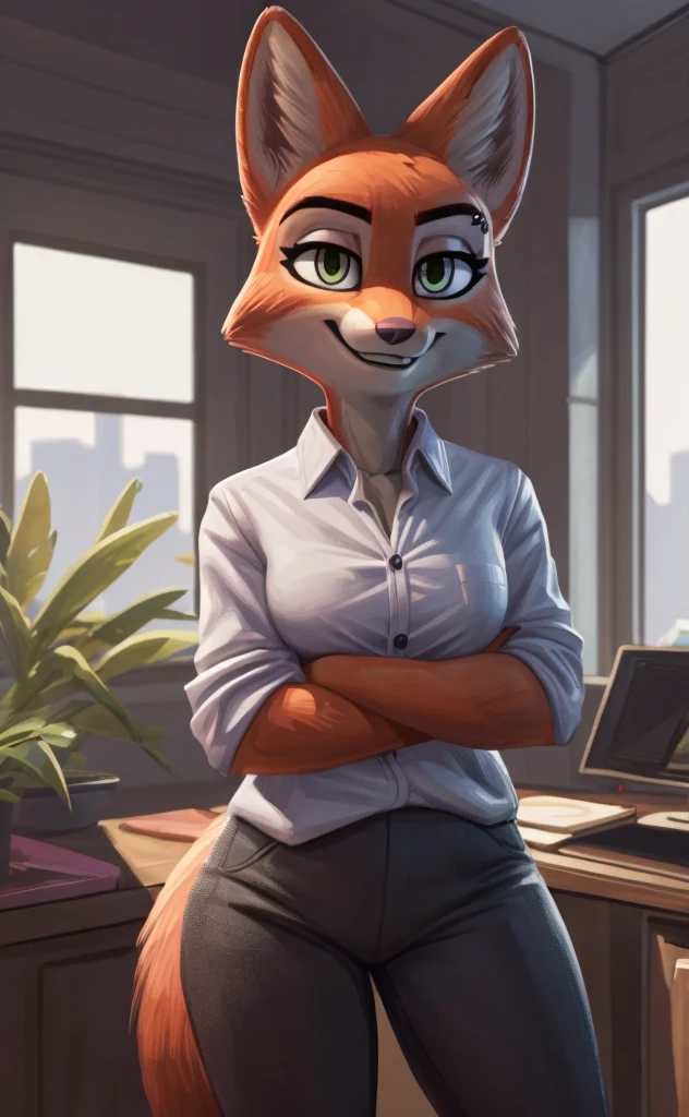 [Diane Foxington] enormous massive gigantic big large fat ??????? pregnant big belly ???? and enormous futanari horses ????, [Uploaded to e621.net; (Pixelsketcher), (wamudraws), (w4g4)], [Uploaded to twitter.com; (@senip)], ((masterpiece)), ((HD)), ((High res)), ((solo portrait)) ((front view)), ((feet visible)), ((furry; anthro fox girl)), ((detailed fur)), ((detailed shading)), ((beautiful render art)), {anthro fox; (slim figure), orange fur, pink nose, fox tail, (cute green eyes), (curvy ????), (beautiful legs), (cute grin)}, {(white button-up shirt), (cleavage), (tight grey pants), (eye piercing; LEFT eye)}, {(standing), (crossed arms), (looking at viewer)}, [background; (office), (window), (blue sky), (ambient lighting)]