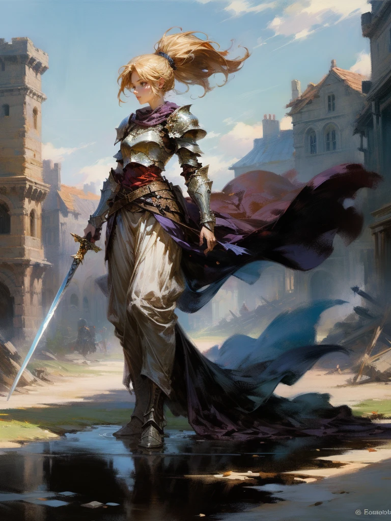 masterpiece, best quality, rpg character art, epic fantasy art style, 1 woman, Emily, 18 year old woman, serious and mature demeanor, focused in battle, rushing to a battle, using her wind based powers, super powers, wrapped in wind, full body fantasy concept art, blond hair in a ponytail comes down to her mid-back, crystal blue eyes, high detail, fantasy medieval style clothes (very light armor, sword at her waist), attire is modest but feminine, intricate details, ultra high resolution, sharp focus, HD, 8k, clear facial features, clear details, background is a medieval fantasy village, moving towards viewer