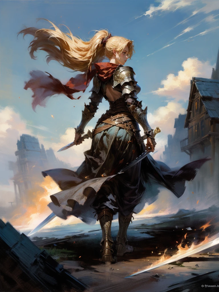 masterpiece, best quality, rpg character art, epic fantasy art style, 1 woman, Emily, 18 year old woman, serious and mature demeanor, focused in battle, rushing to a battle, using her wind based powers, super powers, wrapped in wind, full body fantasy concept art, blond hair in a ponytail comes down to her mid-back, crystal blue eyes, high detail, fantasy medieval style clothes (very light armor, sword at her waist), attire is modest but feminine, intricate details, ultra high resolution, sharp focus, HD, 8k, clear facial features, clear details, background is a medieval fantasy village, moving towards viewer