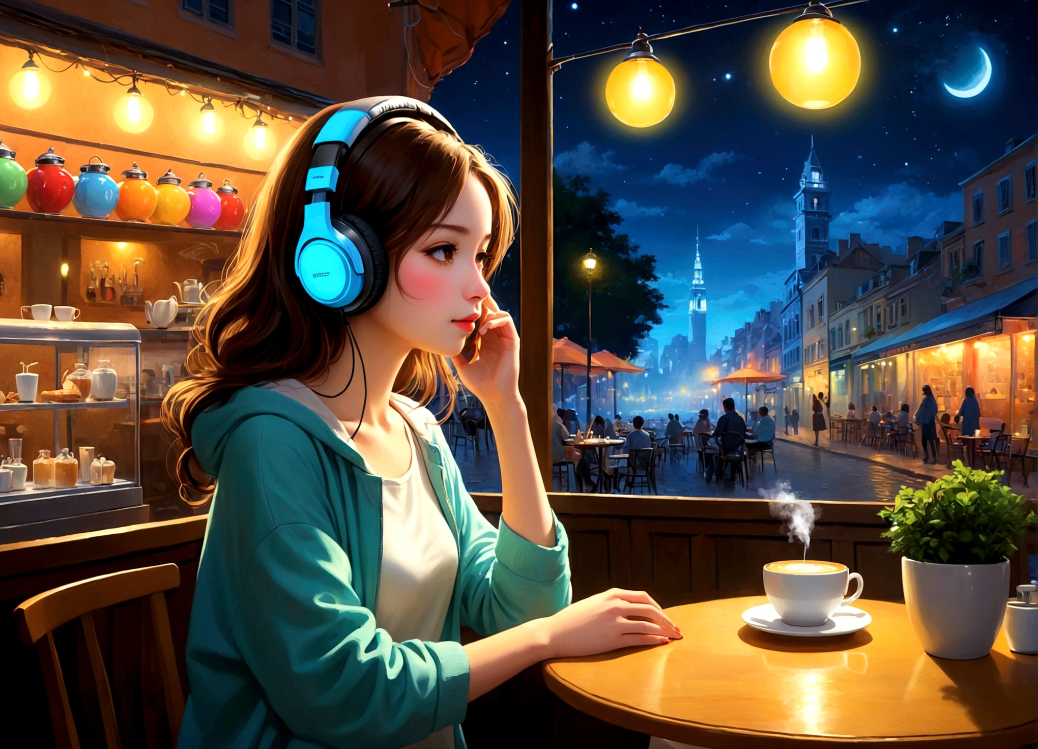 masterpiece, highest quality, beautifully (One girl), Very detailed,colorful, Most detailed、headphones on, (Cafe Shop, night time)