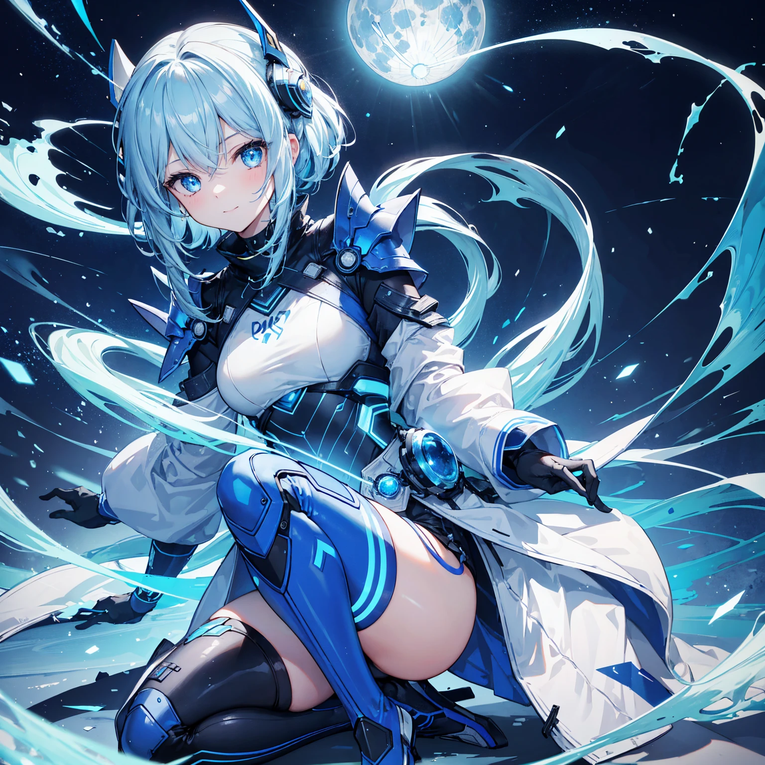 8K, Highest quality, (real:1.4), Original photo, 1 girl, Asari Hair, Biological Amplifier, Very sleek and futuristic armor, posture: Peace talks between warring factions,,attention arousal, smart blue eyes,A modest smile,Knee-high boots,Blue big moon and blue light swirl in the background,Blue light from behind,blue light magic,A small, glowing blue ball in the palm of your hand,Blue flame swirl